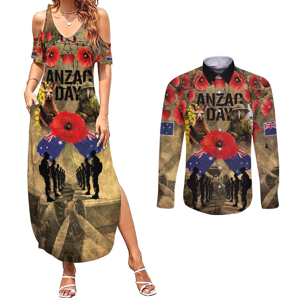 Australia and New Zealand ANZAC Day Couples Matching Summer Maxi Dress and Long Sleeve Button Shirt Kangaroo and Kiwi Bird Soldier-Honor and Remember Vintage Style LT03 Beige - Polynesian Pride