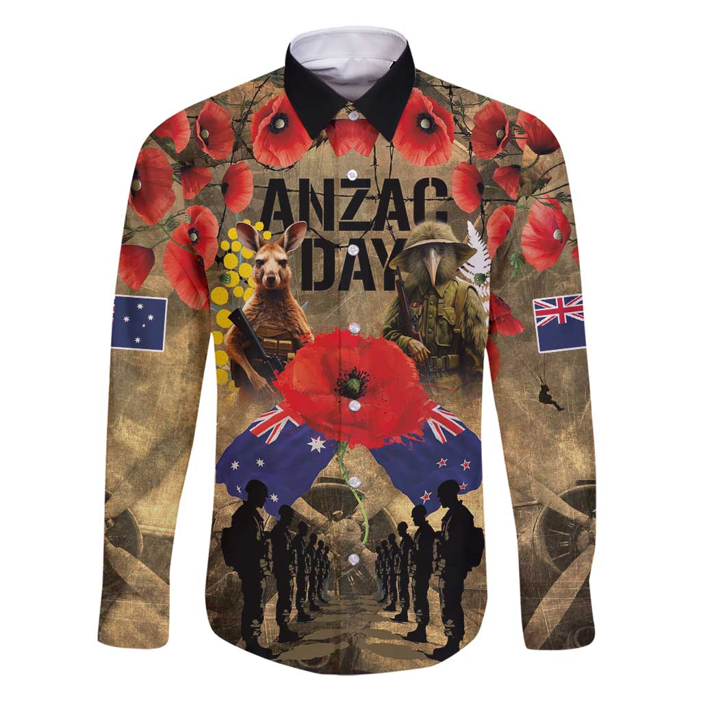 Australia and New Zealand ANZAC Day Family Matching Long Sleeve Bodycon Dress and Hawaiian Shirt Kangaroo and Kiwi Bird Soldier-Honor and Remember Vintage Style LT03 Dad's Shirt - Long Sleeve Beige - Polynesian Pride