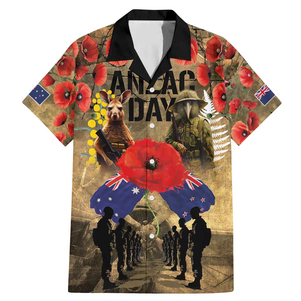 Australia and New Zealand ANZAC Day Family Matching Mermaid Dress and Hawaiian Shirt Kangaroo and Kiwi Bird Soldier-Honor and Remember Vintage Style LT03 Dad's Shirt - Short Sleeve Beige - Polynesian Pride