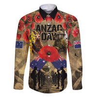 Australia and New Zealand ANZAC Day Family Matching Mermaid Dress and Hawaiian Shirt Kangaroo and Kiwi Bird Soldier-Honor and Remember Vintage Style LT03 Dad's Shirt - Long Sleeve Beige - Polynesian Pride