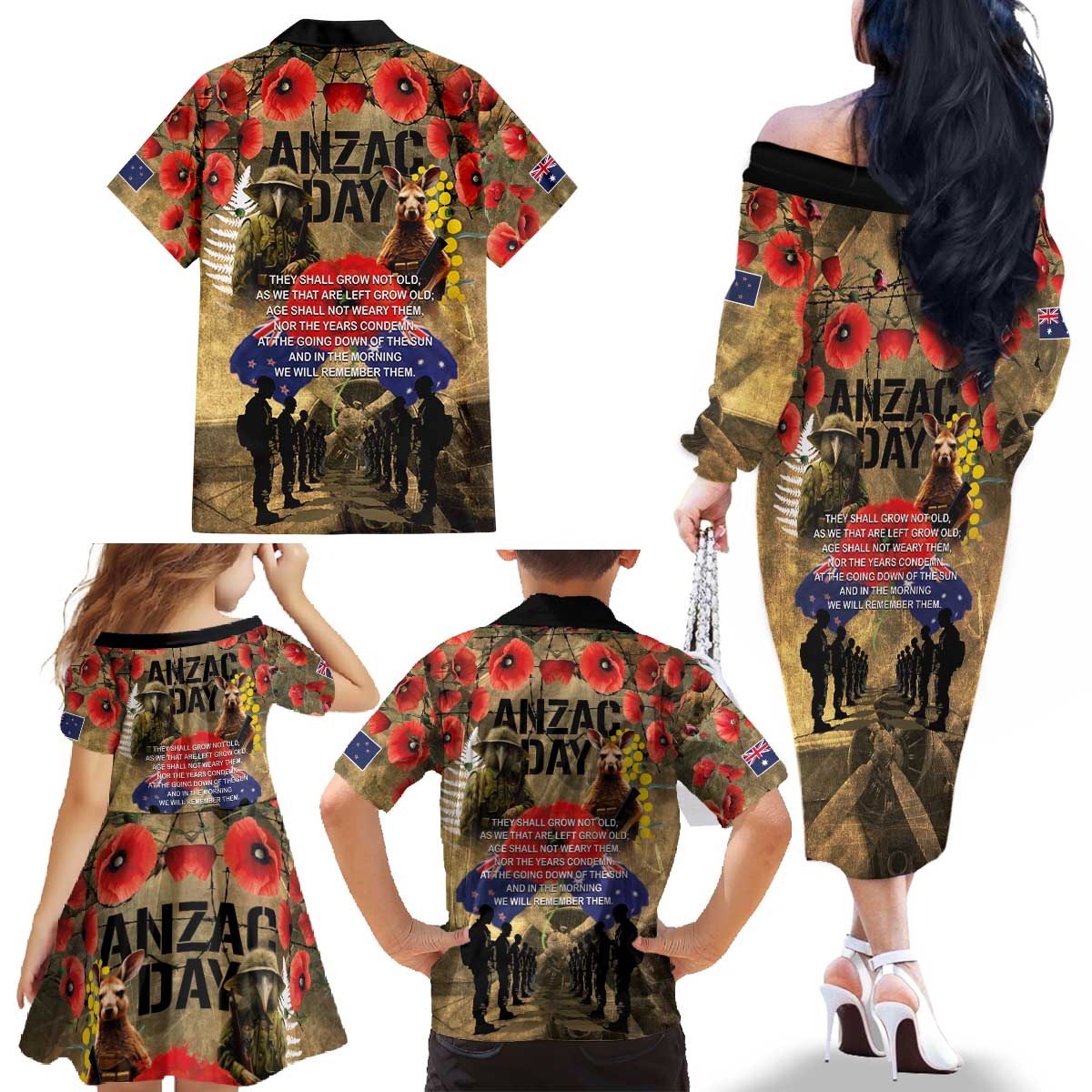 Australia and New Zealand ANZAC Day Family Matching Off The Shoulder Long Sleeve Dress and Hawaiian Shirt Kangaroo and Kiwi Bird Soldier-Honor and Remember Vintage Style LT03 - Polynesian Pride