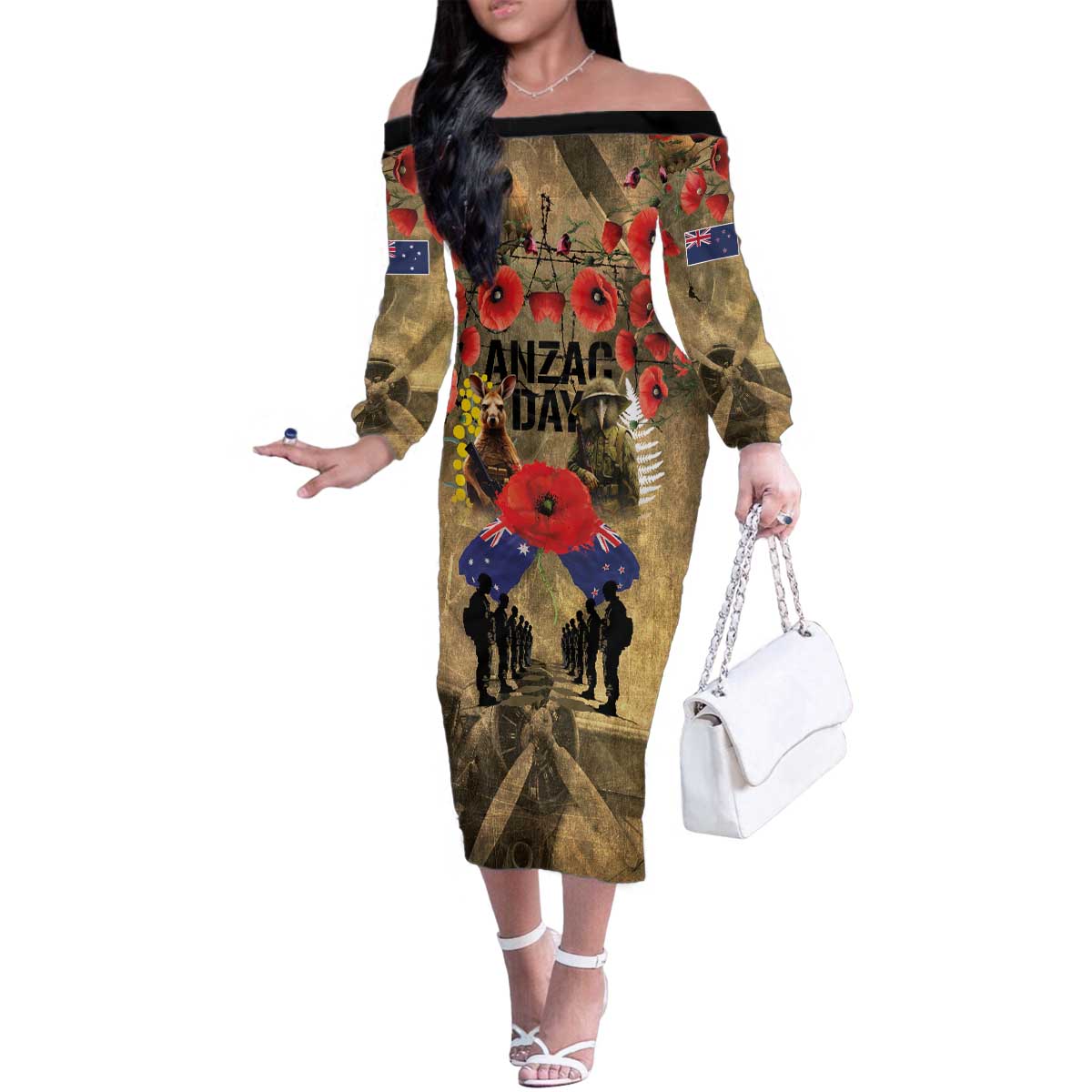 Australia and New Zealand ANZAC Day Family Matching Off The Shoulder Long Sleeve Dress and Hawaiian Shirt Kangaroo and Kiwi Bird Soldier-Honor and Remember Vintage Style LT03 Mom's Dress Beige - Polynesian Pride