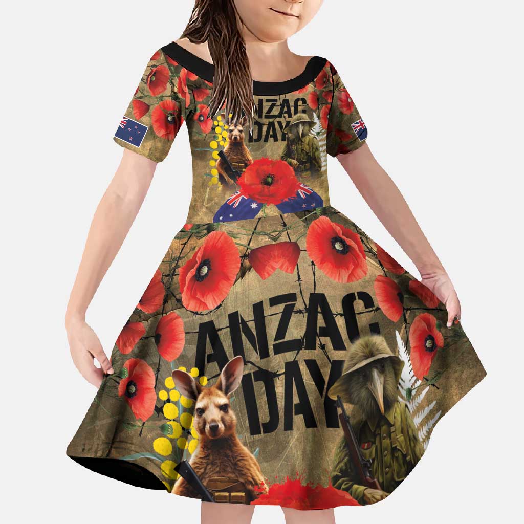 Australia and New Zealand ANZAC Day Family Matching Off Shoulder Maxi Dress and Hawaiian Shirt Kangaroo and Kiwi Bird Soldier-Honor and Remember Vintage Style LT03 Daughter's Dress Beige - Polynesian Pride