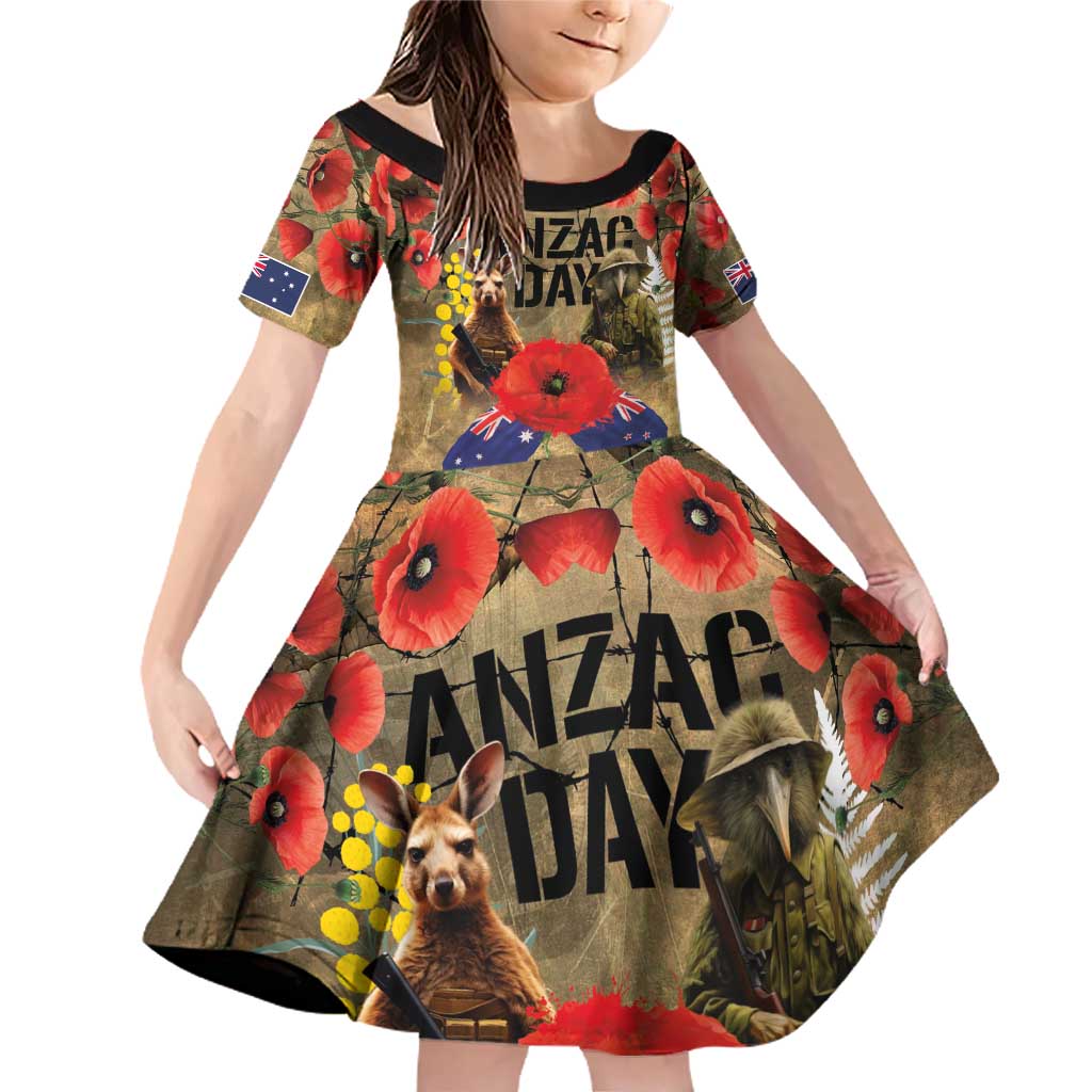 Australia and New Zealand ANZAC Day Family Matching Off Shoulder Short Dress and Hawaiian Shirt Kangaroo and Kiwi Bird Soldier-Honor and Remember Vintage Style LT03 Daughter's Dress Beige - Polynesian Pride