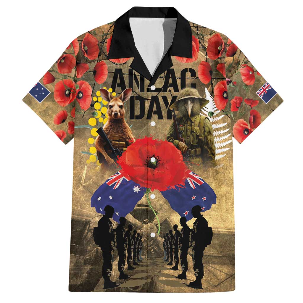 Australia and New Zealand ANZAC Day Family Matching Off Shoulder Short Dress and Hawaiian Shirt Kangaroo and Kiwi Bird Soldier-Honor and Remember Vintage Style LT03 Dad's Shirt - Short Sleeve Beige - Polynesian Pride