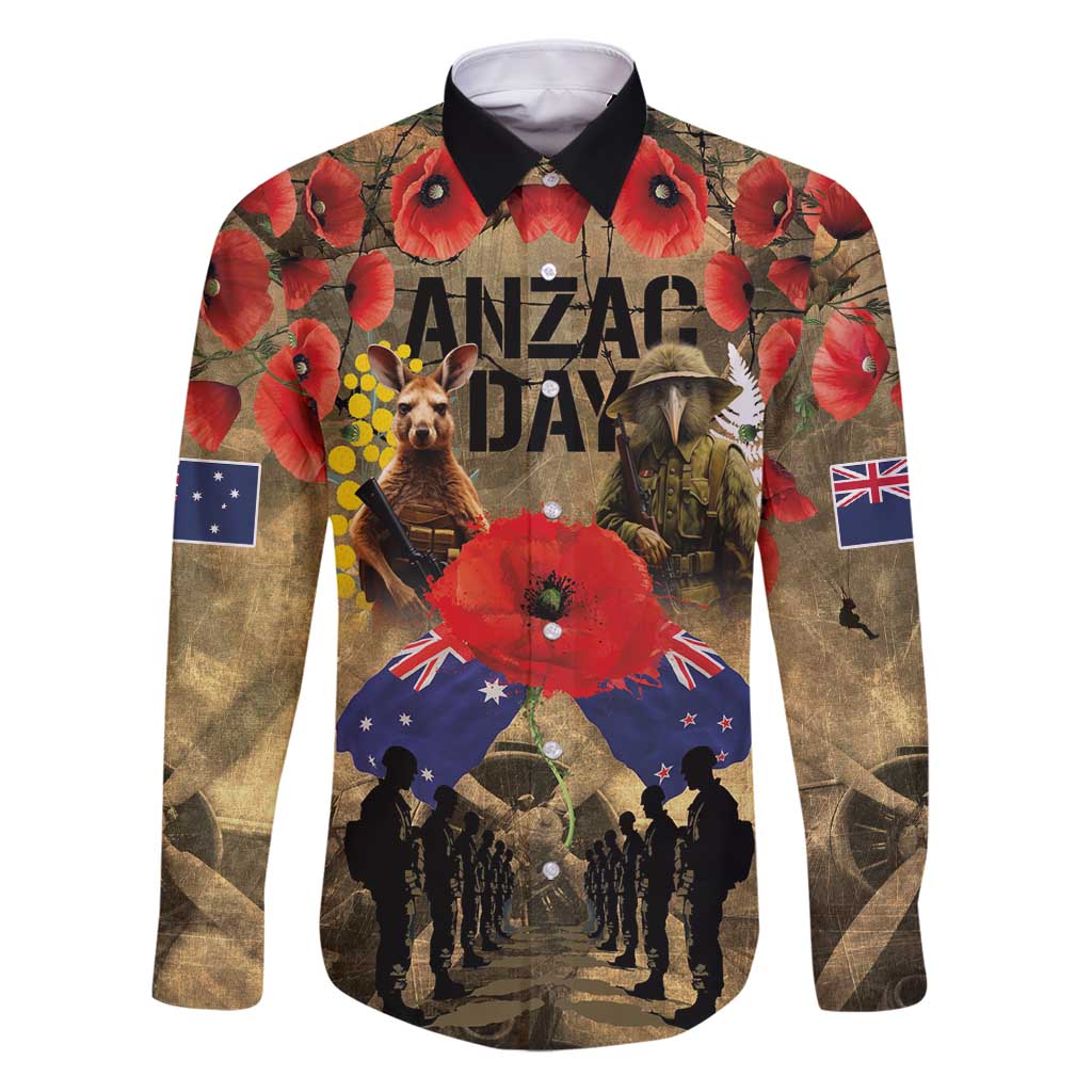 Australia and New Zealand ANZAC Day Family Matching Puletasi and Hawaiian Shirt Kangaroo and Kiwi Bird Soldier-Honor and Remember Vintage Style LT03 Dad's Shirt - Long Sleeve Beige - Polynesian Pride