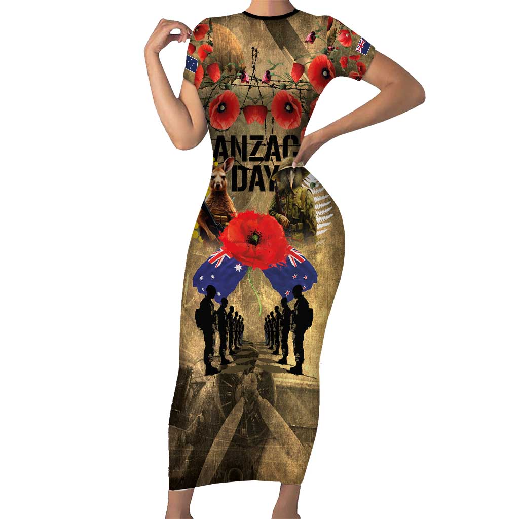 Australia and New Zealand ANZAC Day Family Matching Short Sleeve Bodycon Dress and Hawaiian Shirt Kangaroo and Kiwi Bird Soldier-Honor and Remember Vintage Style LT03 Mom's Dress Beige - Polynesian Pride