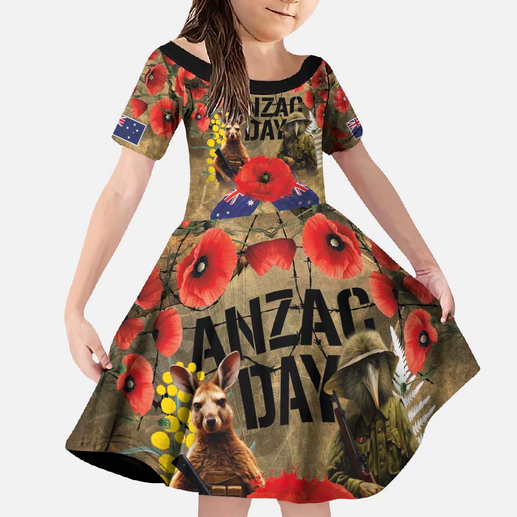 Australia and New Zealand ANZAC Day Family Matching Tank Maxi Dress and Hawaiian Shirt Kangaroo and Kiwi Bird Soldier-Honor and Remember Vintage Style LT03 Daughter's Dress Beige - Polynesian Pride