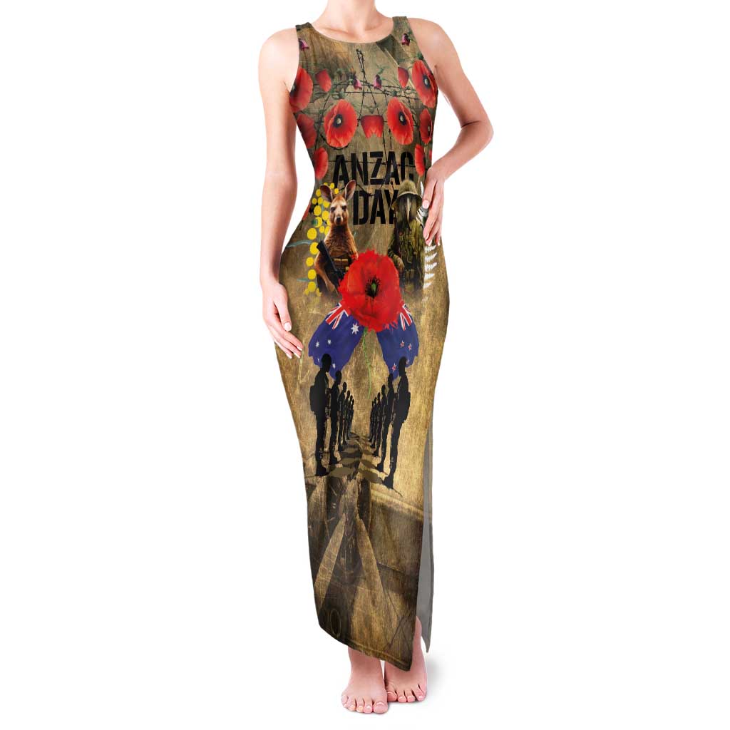 Australia and New Zealand ANZAC Day Family Matching Tank Maxi Dress and Hawaiian Shirt Kangaroo and Kiwi Bird Soldier-Honor and Remember Vintage Style LT03 Mom's Dress Beige - Polynesian Pride