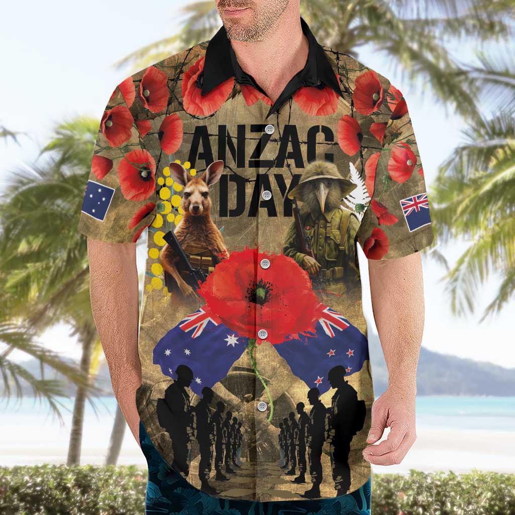 Australia and New Zealand ANZAC Day Hawaiian Shirt Kangaroo and Kiwi Bird Soldier-Honor and Remember Vintage Style LT03 - Polynesian Pride