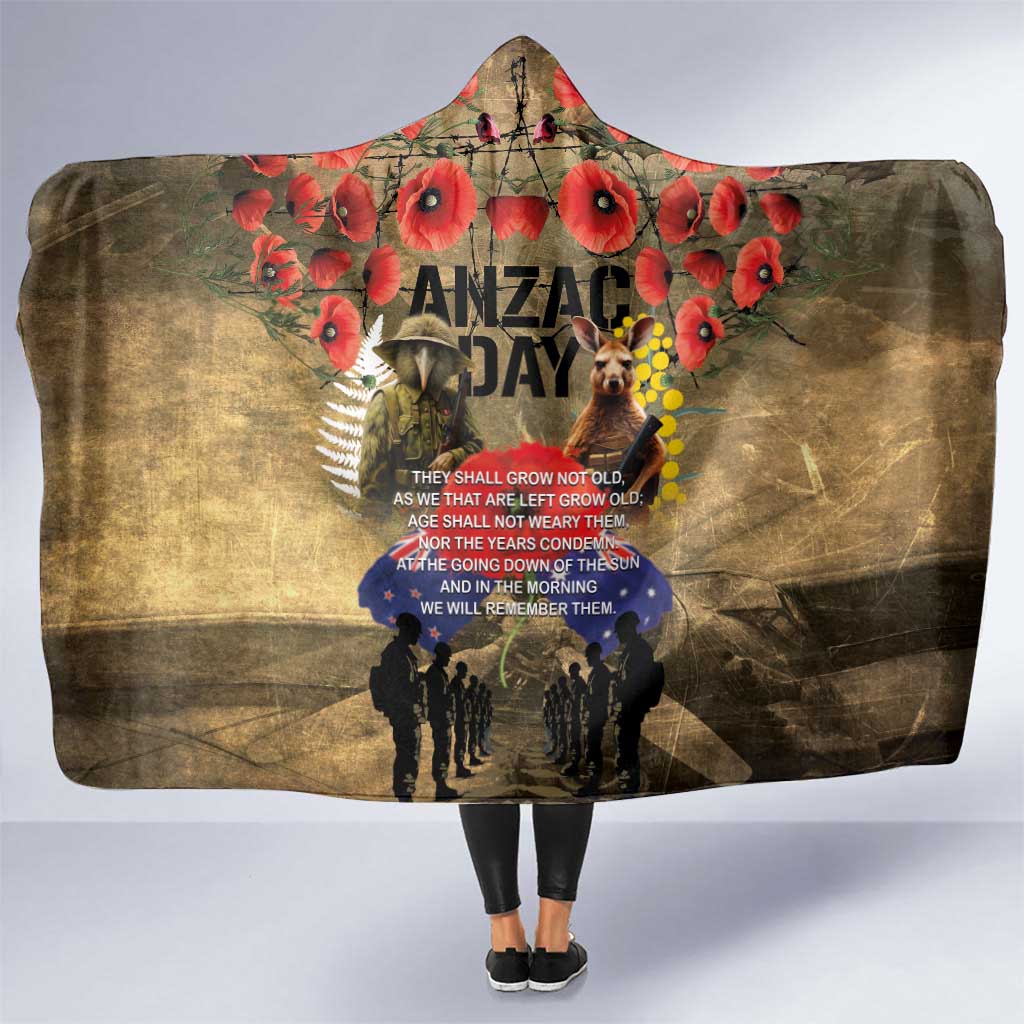 Australia and New Zealand ANZAC Day Hooded Blanket Kangaroo and Kiwi Bird Soldier-Honor and Remember Vintage Style LT03 One Size Beige - Polynesian Pride