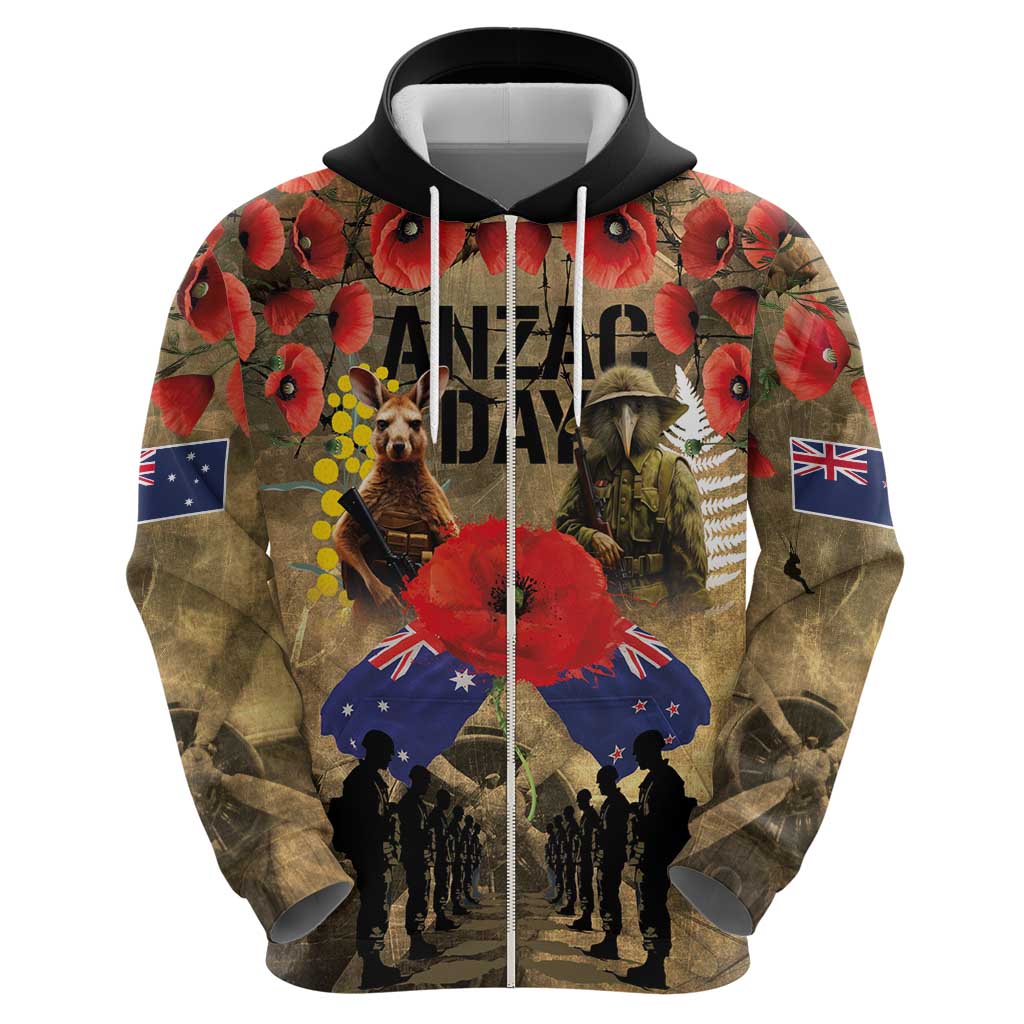 Australia and New Zealand ANZAC Day Hoodie Kangaroo and Kiwi Bird Soldier-Honor and Remember Vintage Style LT03 - Polynesian Pride