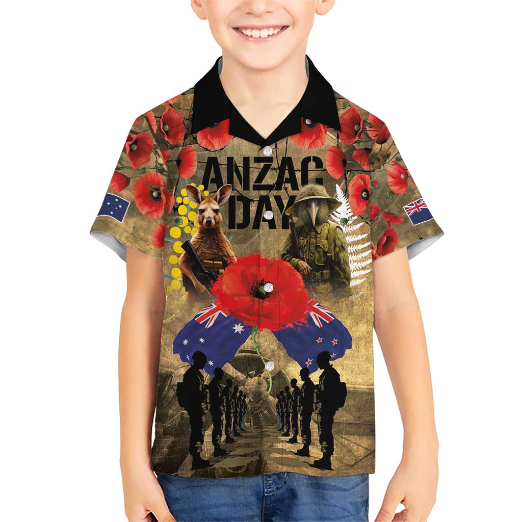 Australia and New Zealand ANZAC Day Kid Hawaiian Shirt Kangaroo and Kiwi Bird Soldier-Honor and Remember Vintage Style LT03 Kid Beige - Polynesian Pride