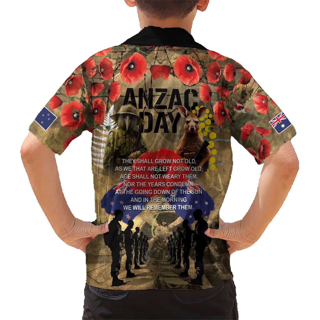 Australia and New Zealand ANZAC Day Kid Hawaiian Shirt Kangaroo and Kiwi Bird Soldier-Honor and Remember Vintage Style LT03 - Polynesian Pride
