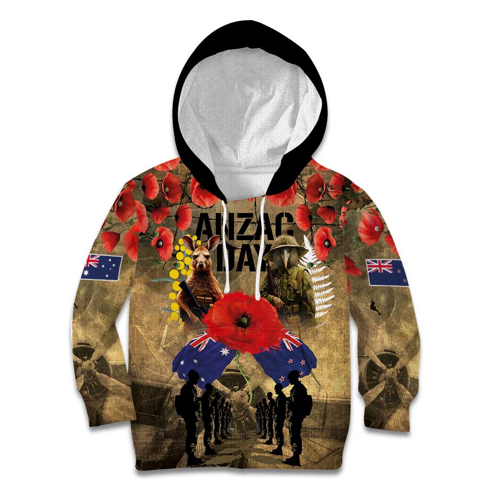 Australia and New Zealand ANZAC Day Kid Hoodie Kangaroo and Kiwi Bird Soldier-Honor and Remember Vintage Style LT03 Hoodie Beige - Polynesian Pride