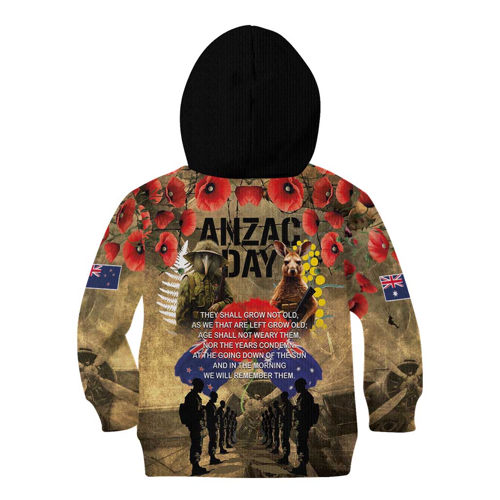 Australia and New Zealand ANZAC Day Kid Hoodie Kangaroo and Kiwi Bird Soldier-Honor and Remember Vintage Style LT03 - Polynesian Pride