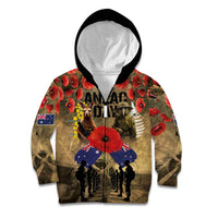Australia and New Zealand ANZAC Day Kid Hoodie Kangaroo and Kiwi Bird Soldier-Honor and Remember Vintage Style LT03 Zip Hoodie Beige - Polynesian Pride