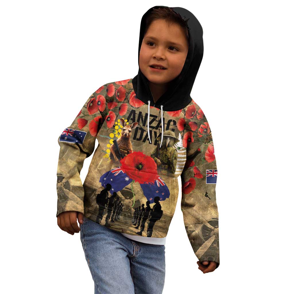 Australia and New Zealand ANZAC Day Kid Hoodie Kangaroo and Kiwi Bird Soldier-Honor and Remember Vintage Style LT03 - Polynesian Pride