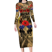 Australia and New Zealand ANZAC Day Long Sleeve Bodycon Dress Kangaroo and Kiwi Bird Soldier-Honor and Remember Vintage Style LT03 Long Dress Beige - Polynesian Pride