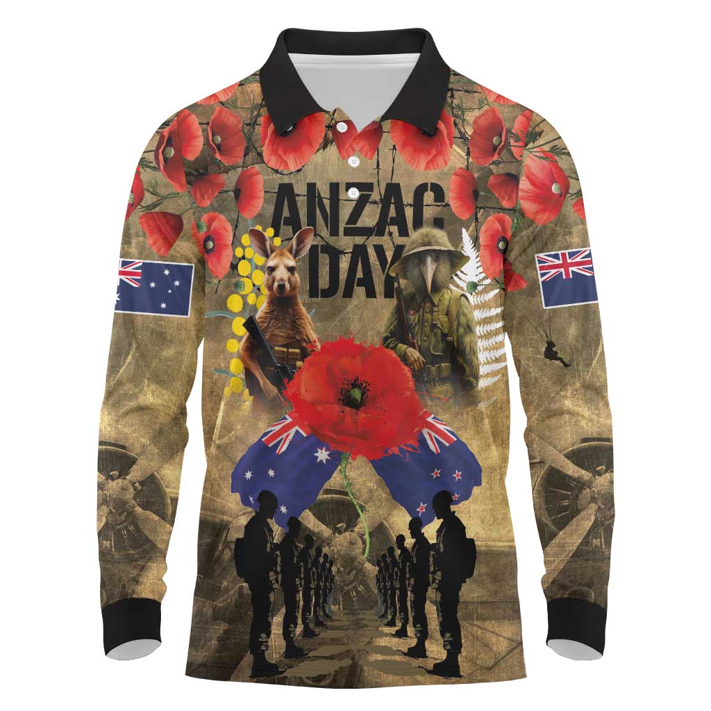 Australia and New Zealand ANZAC Day Long Sleeve Polo Shirt Kangaroo and Kiwi Bird Soldier-Honor and Remember Vintage Style LT03 Beige - Polynesian Pride