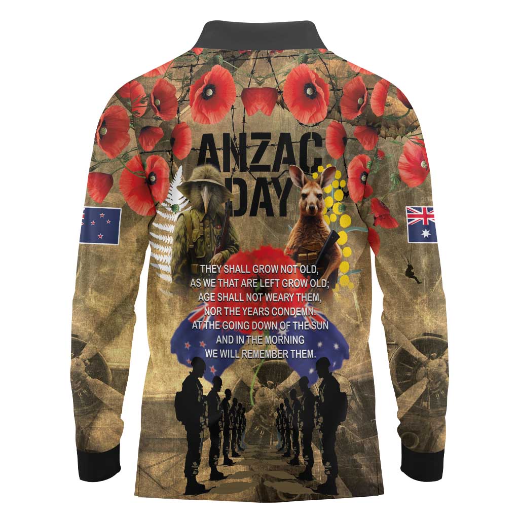 Australia and New Zealand ANZAC Day Long Sleeve Polo Shirt Kangaroo and Kiwi Bird Soldier-Honor and Remember Vintage Style LT03 - Polynesian Pride