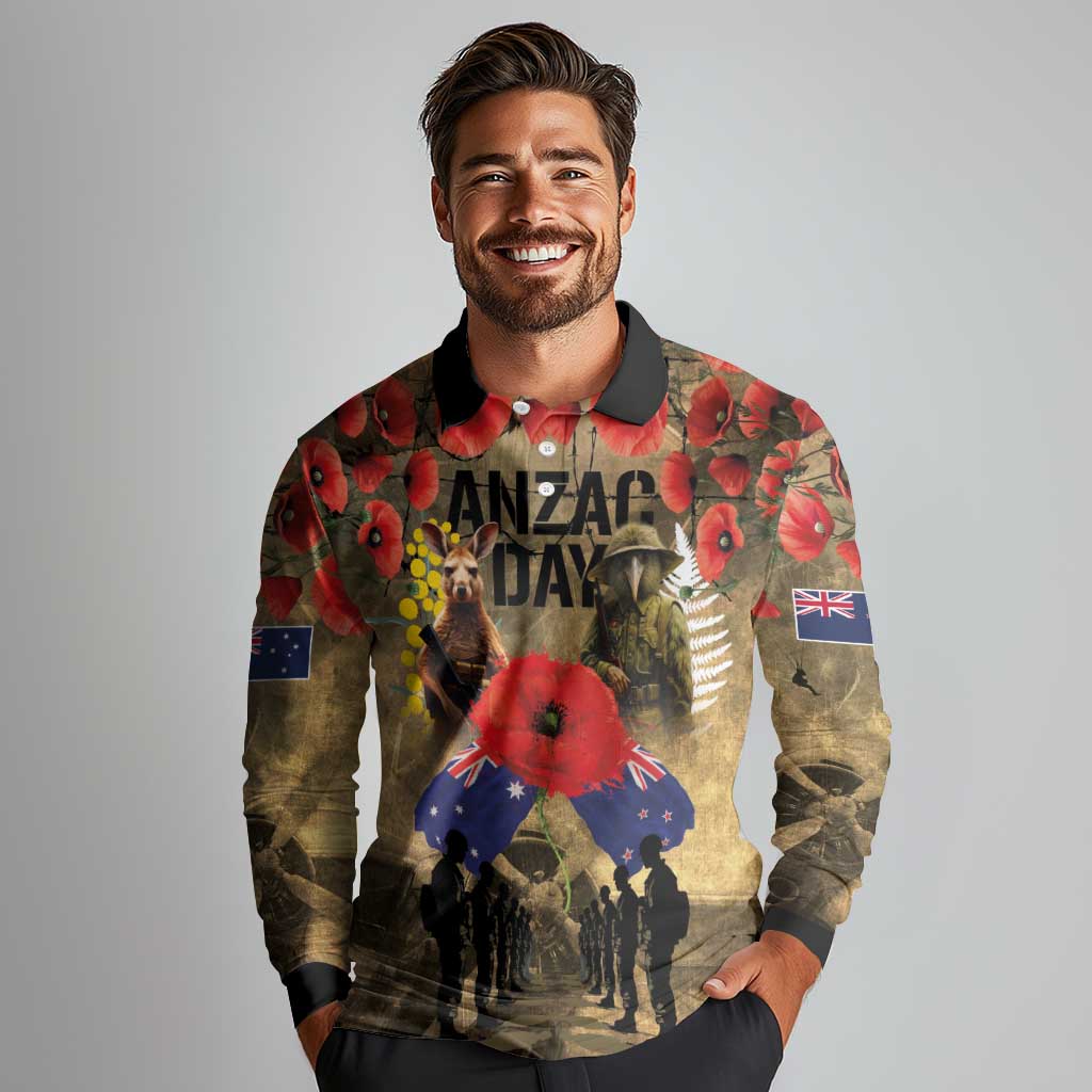 Australia and New Zealand ANZAC Day Long Sleeve Polo Shirt Kangaroo and Kiwi Bird Soldier-Honor and Remember Vintage Style LT03 - Polynesian Pride