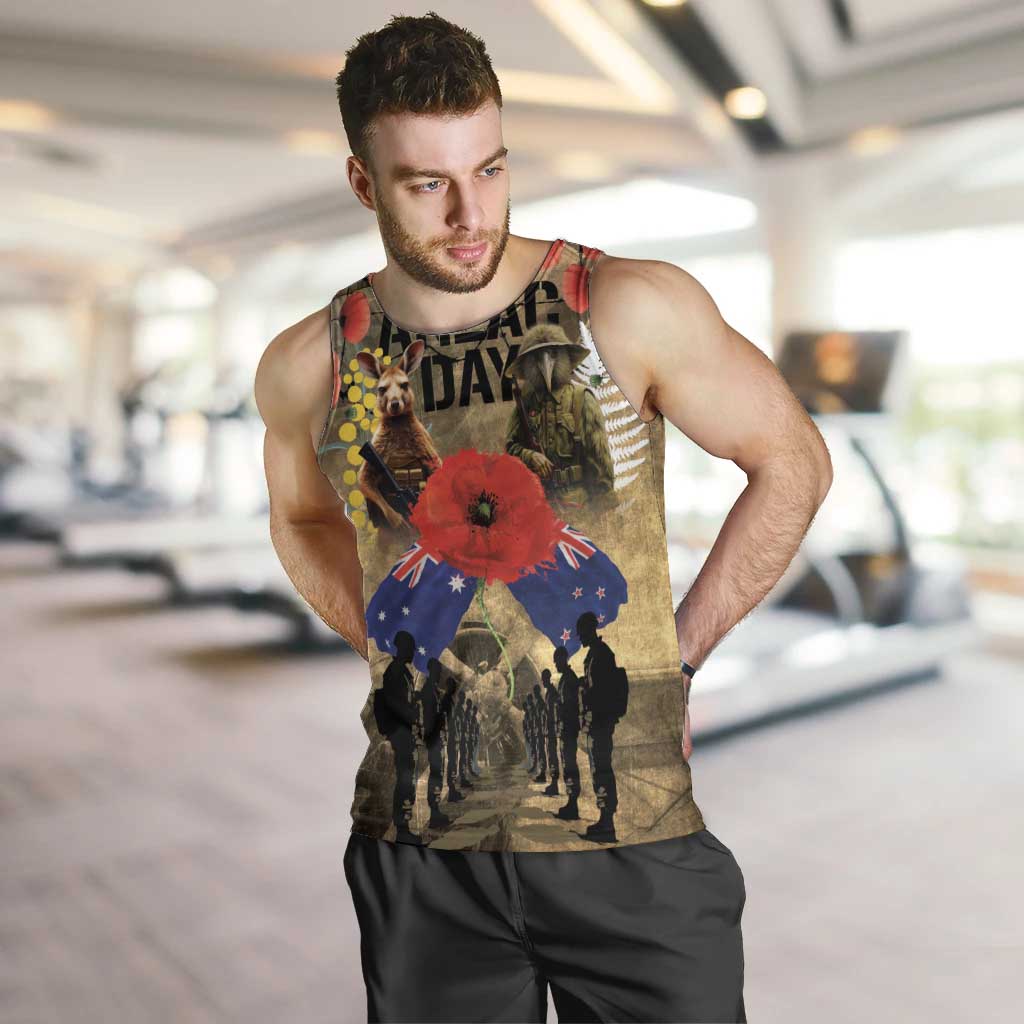 Australia and New Zealand ANZAC Day Men Tank Top Kangaroo and Kiwi Bird Soldier-Honor and Remember Vintage Style LT03 Beige - Polynesian Pride