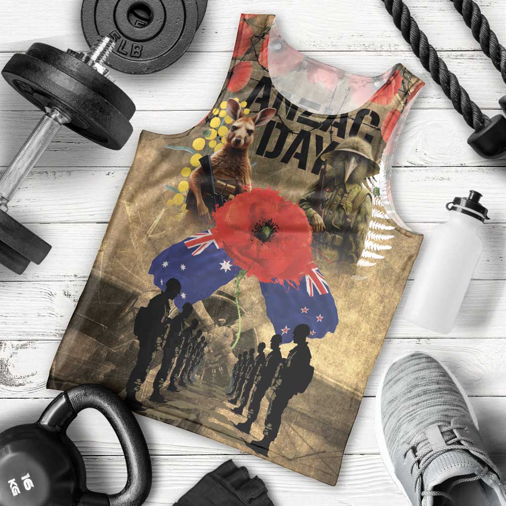 Australia and New Zealand ANZAC Day Men Tank Top Kangaroo and Kiwi Bird Soldier-Honor and Remember Vintage Style LT03 - Polynesian Pride
