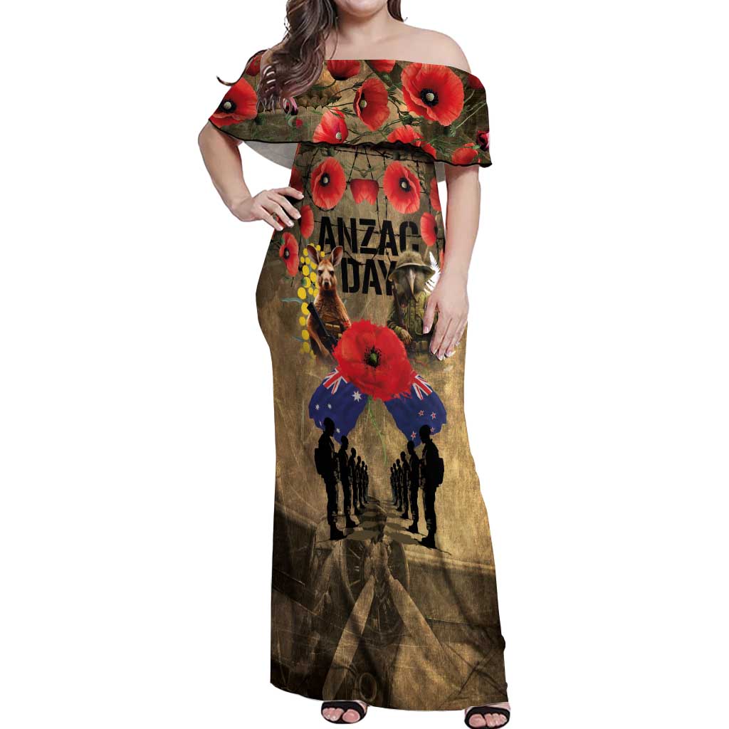 Australia and New Zealand ANZAC Day Off Shoulder Maxi Dress Kangaroo and Kiwi Bird Soldier-Honor and Remember Vintage Style LT03 Women Beige - Polynesian Pride