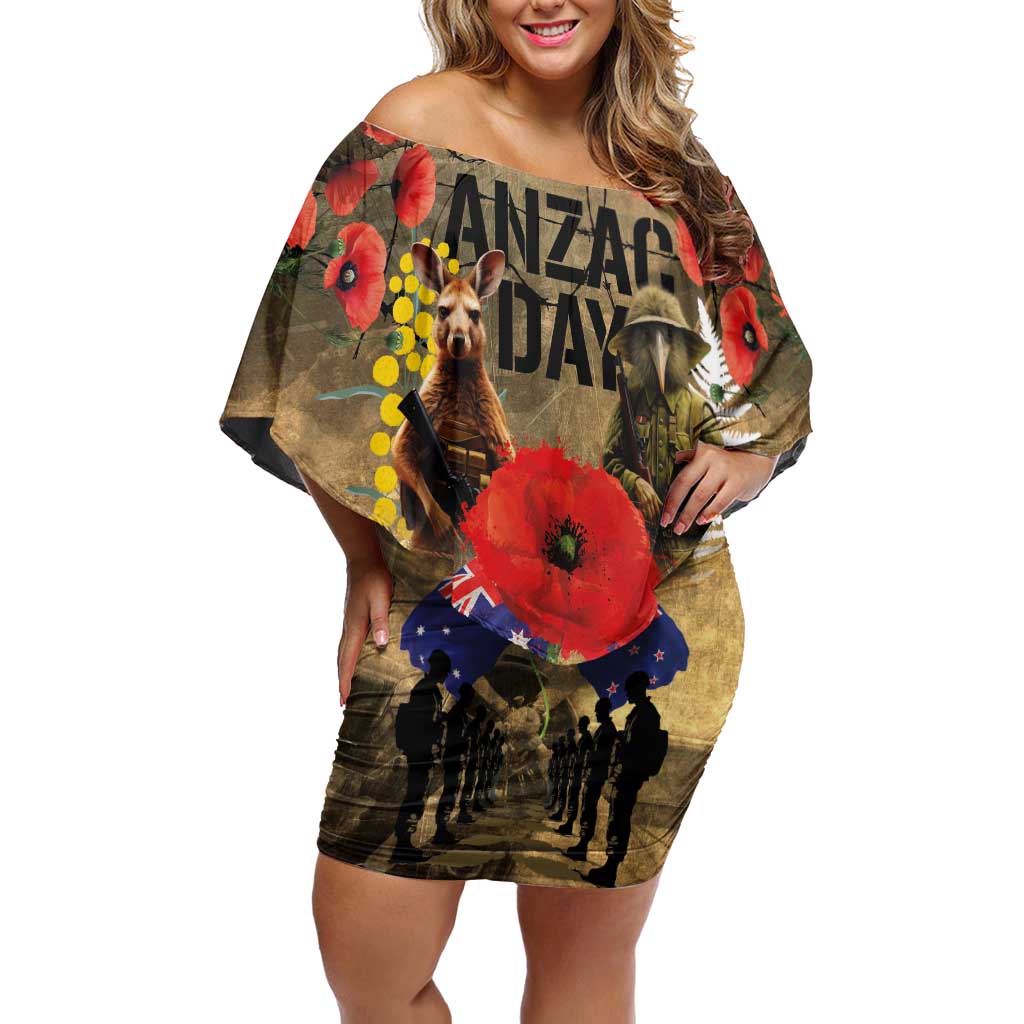Australia and New Zealand ANZAC Day Off Shoulder Short Dress Kangaroo and Kiwi Bird Soldier-Honor and Remember Vintage Style LT03 Women Beige - Polynesian Pride