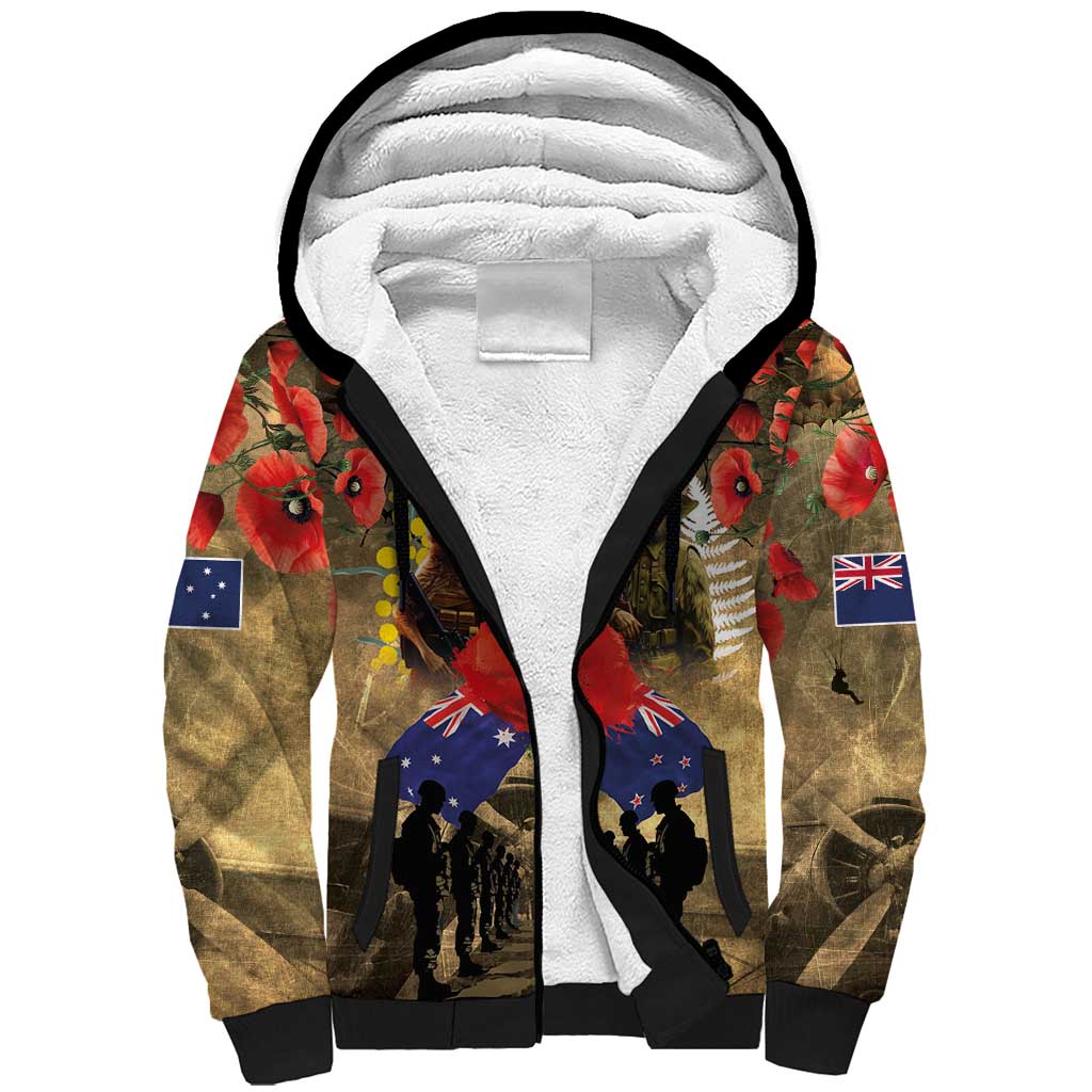 Australia and New Zealand ANZAC Day Sherpa Hoodie Kangaroo and Kiwi Bird Soldier-Honor and Remember Vintage Style LT03 Unisex Beige - Polynesian Pride