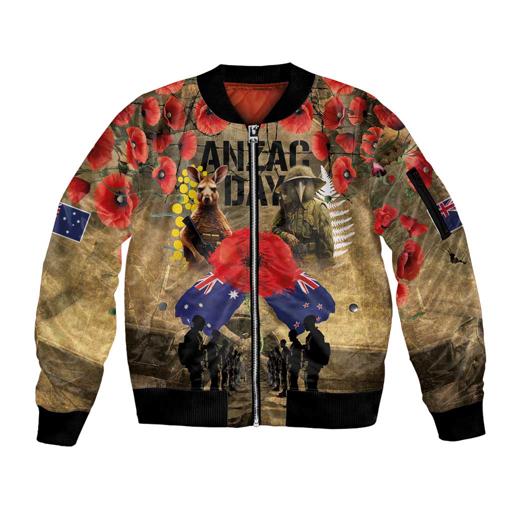 Australia and New Zealand ANZAC Day Sleeve Zip Bomber Jacket Kangaroo and Kiwi Bird Soldier-Honor and Remember Vintage Style