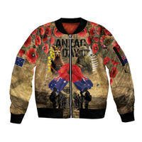 Australia and New Zealand ANZAC Day Sleeve Zip Bomber Jacket Kangaroo and Kiwi Bird Soldier-Honor and Remember Vintage Style