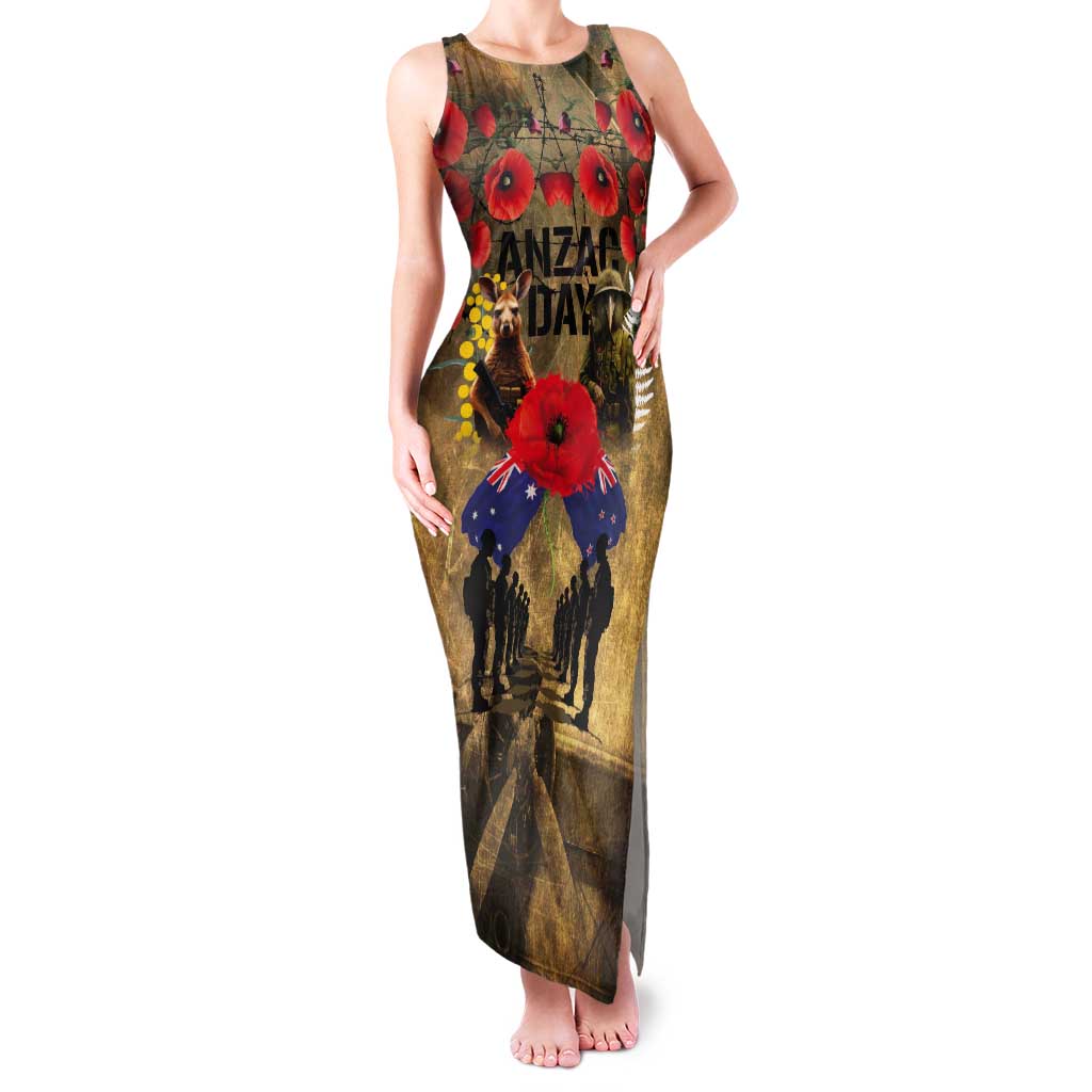 Australia and New Zealand ANZAC Day Tank Maxi Dress Kangaroo and Kiwi Bird Soldier-Honor and Remember Vintage Style LT03 Women Beige - Polynesian Pride