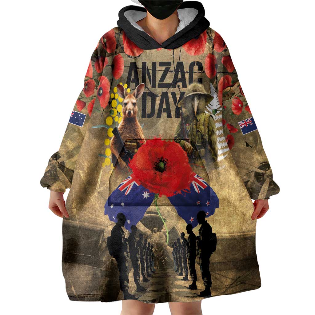 Australia and New Zealand ANZAC Day Wearable Blanket Hoodie Kangaroo and Kiwi Bird Soldier-Honor and Remember Vintage Style LT03 - Polynesian Pride