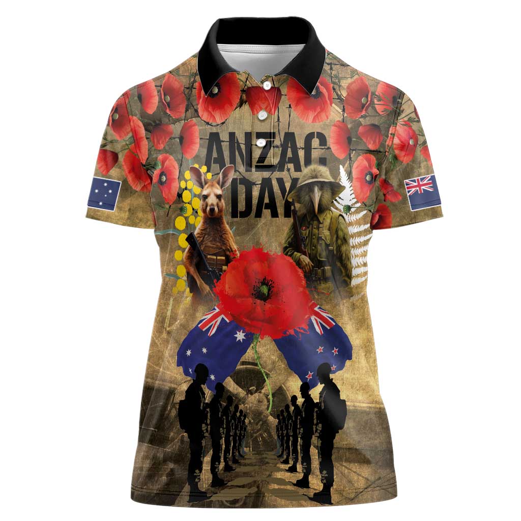 Australia and New Zealand ANZAC Day Women Polo Shirt Kangaroo and Kiwi Bird Soldier-Honor and Remember Vintage Style LT03 Female Beige - Polynesian Pride