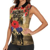 Australia and New Zealand ANZAC Day Women Sleeveless Polo Shirt Kangaroo and Kiwi Bird Soldier-Honor and Remember Vintage Style LT03 - Polynesian Pride