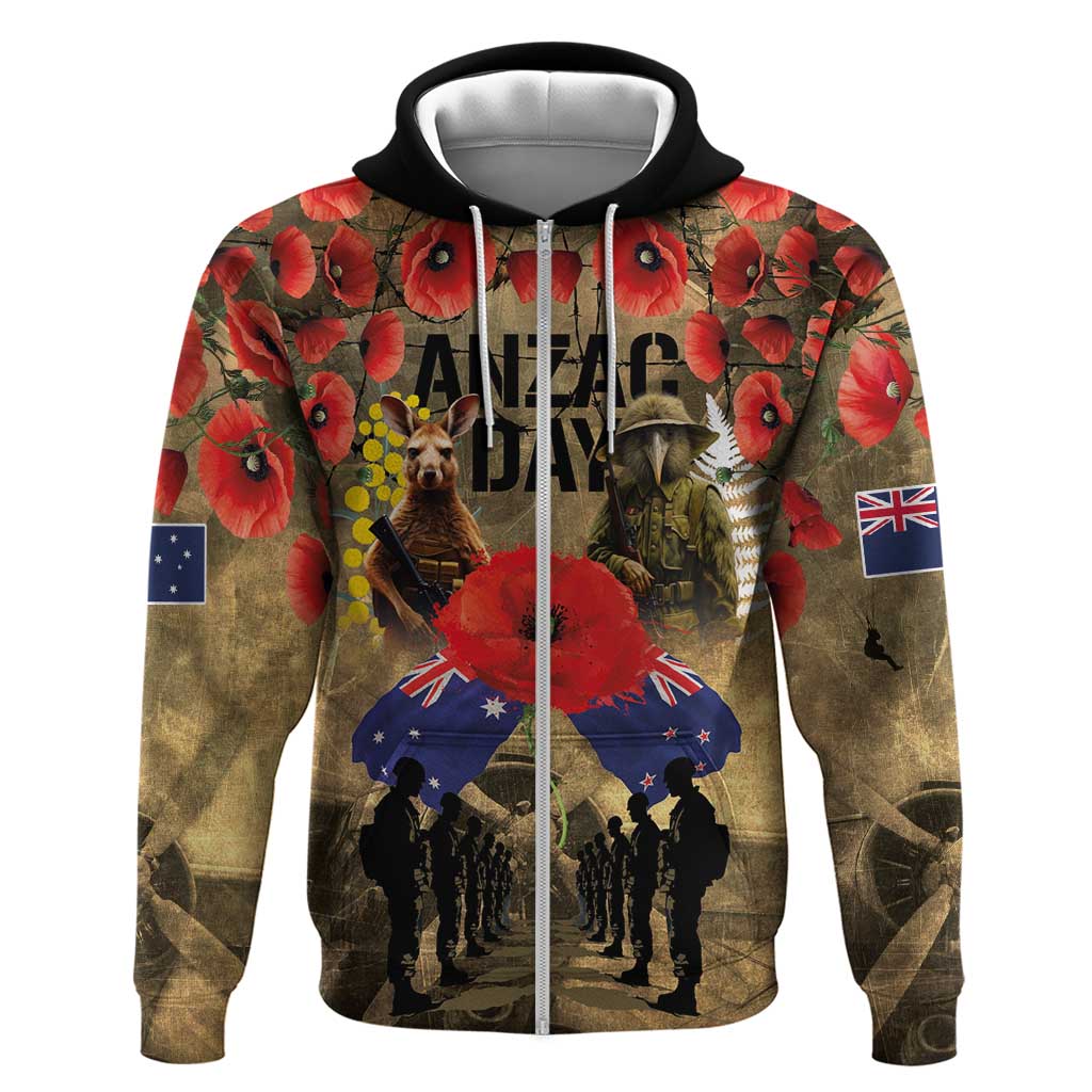 Australia and New Zealand ANZAC Day Zip Hoodie Kangaroo and Kiwi Bird Soldier-Honor and Remember Vintage Style LT03 Zip Hoodie Beige - Polynesian Pride