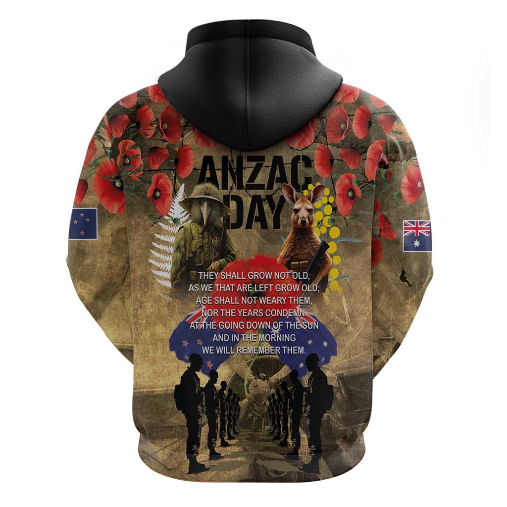 Australia and New Zealand ANZAC Day Zip Hoodie Kangaroo and Kiwi Bird Soldier-Honor and Remember Vintage Style LT03 - Polynesian Pride