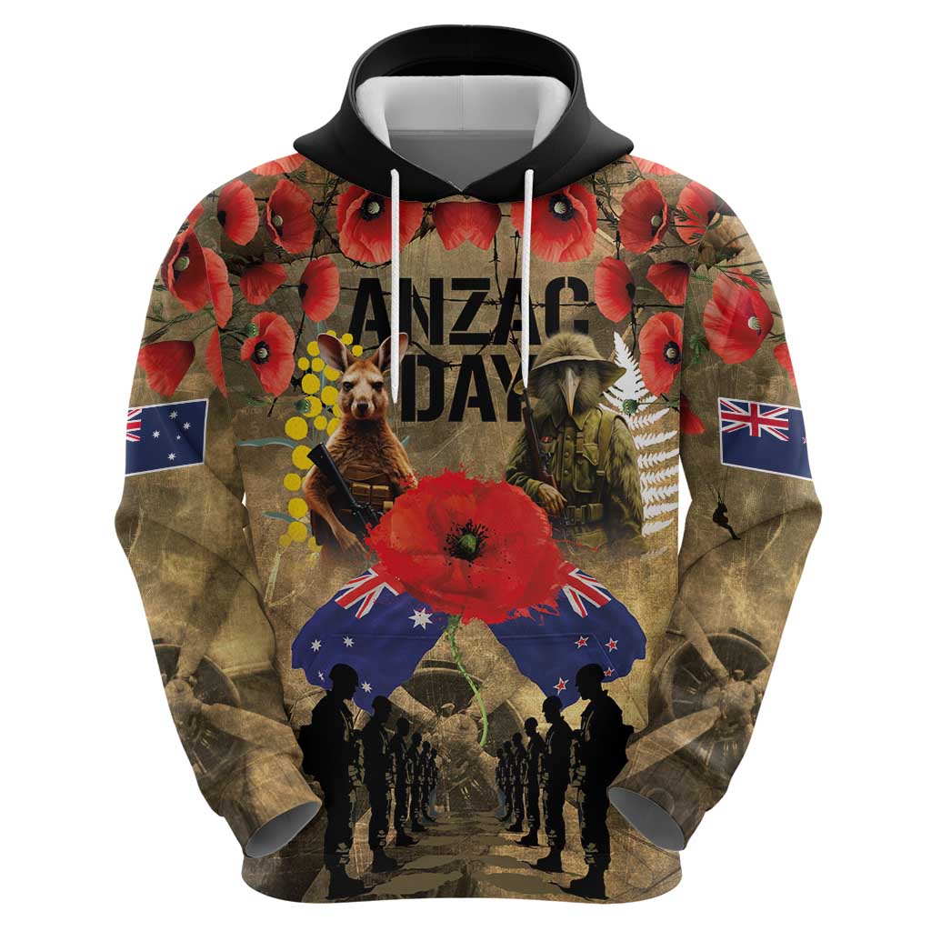 Australia and New Zealand ANZAC Day Zip Hoodie Kangaroo and Kiwi Bird Soldier-Honor and Remember Vintage Style LT03 - Polynesian Pride