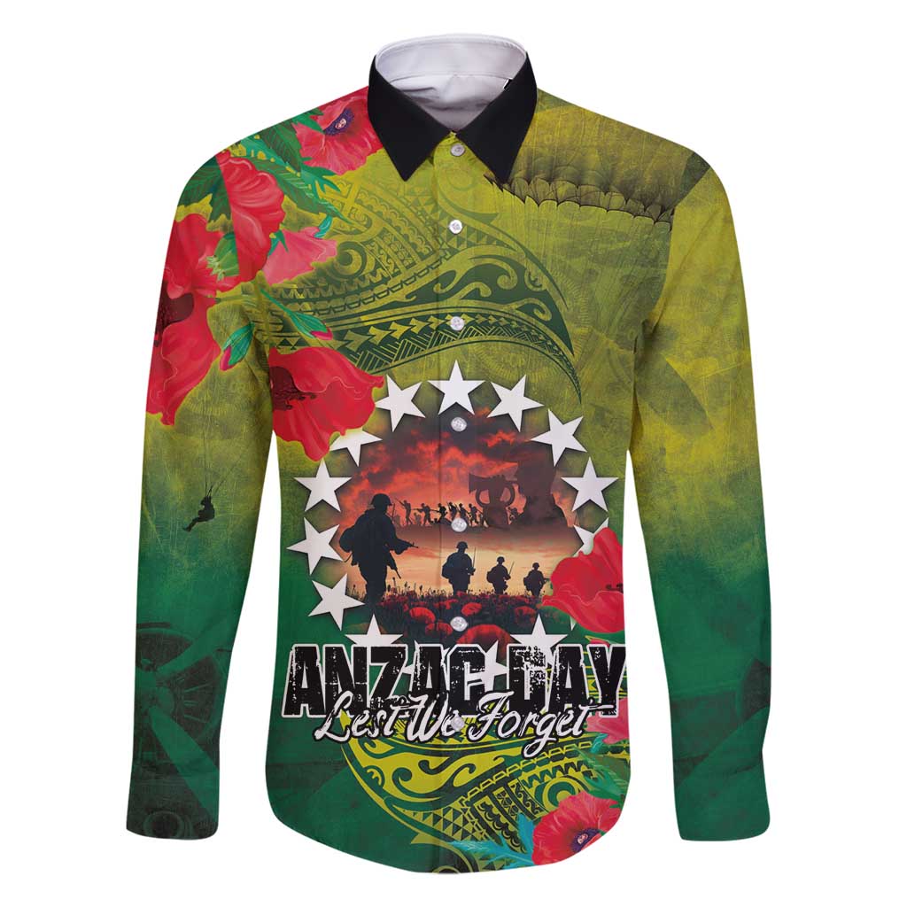 Cook Islands ANDAC Day Family Matching Long Sleeve Bodycon Dress and Hawaiian Shirt Honor and Remember Soliders-Forever in My Thoughts Grunge Style LT03 Dad's Shirt - Long Sleeve Green-Yellow - Polynesian Pride