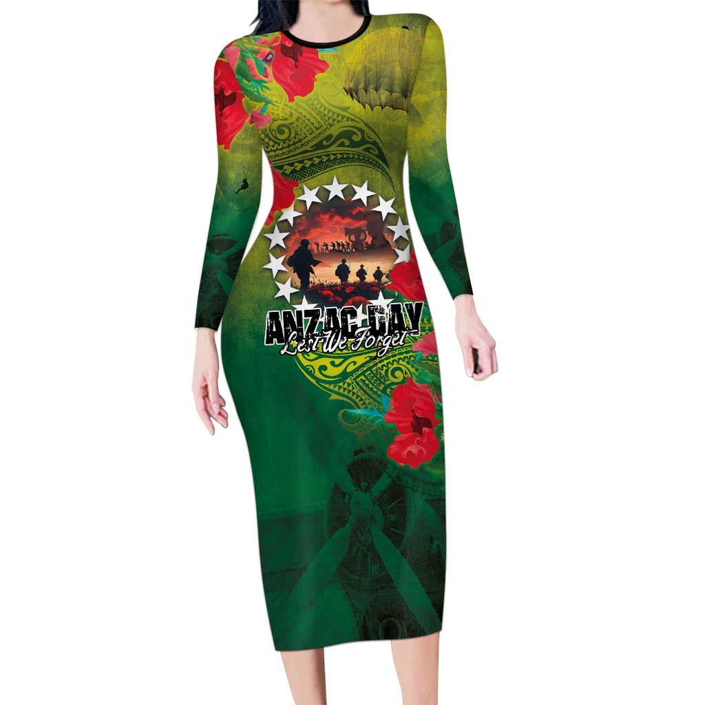 Cook Islands ANDAC Day Family Matching Long Sleeve Bodycon Dress and Hawaiian Shirt Honor and Remember Soliders-Forever in My Thoughts Grunge Style LT03 Mom's Dress Green-Yellow - Polynesian Pride