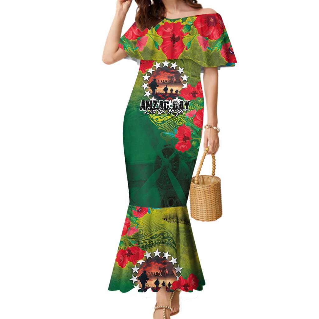 Cook Islands ANDAC Day Family Matching Mermaid Dress and Hawaiian Shirt Honor and Remember Soliders-Forever in My Thoughts Grunge Style LT03 Mom's Dress Green-Yellow - Polynesian Pride