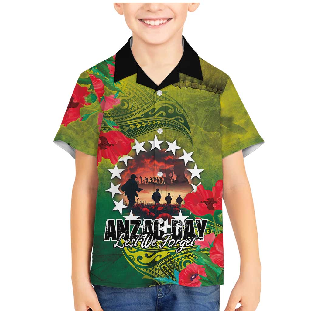 Cook Islands ANDAC Day Family Matching Mermaid Dress and Hawaiian Shirt Honor and Remember Soliders-Forever in My Thoughts Grunge Style LT03 Son's Shirt Green-Yellow - Polynesian Pride