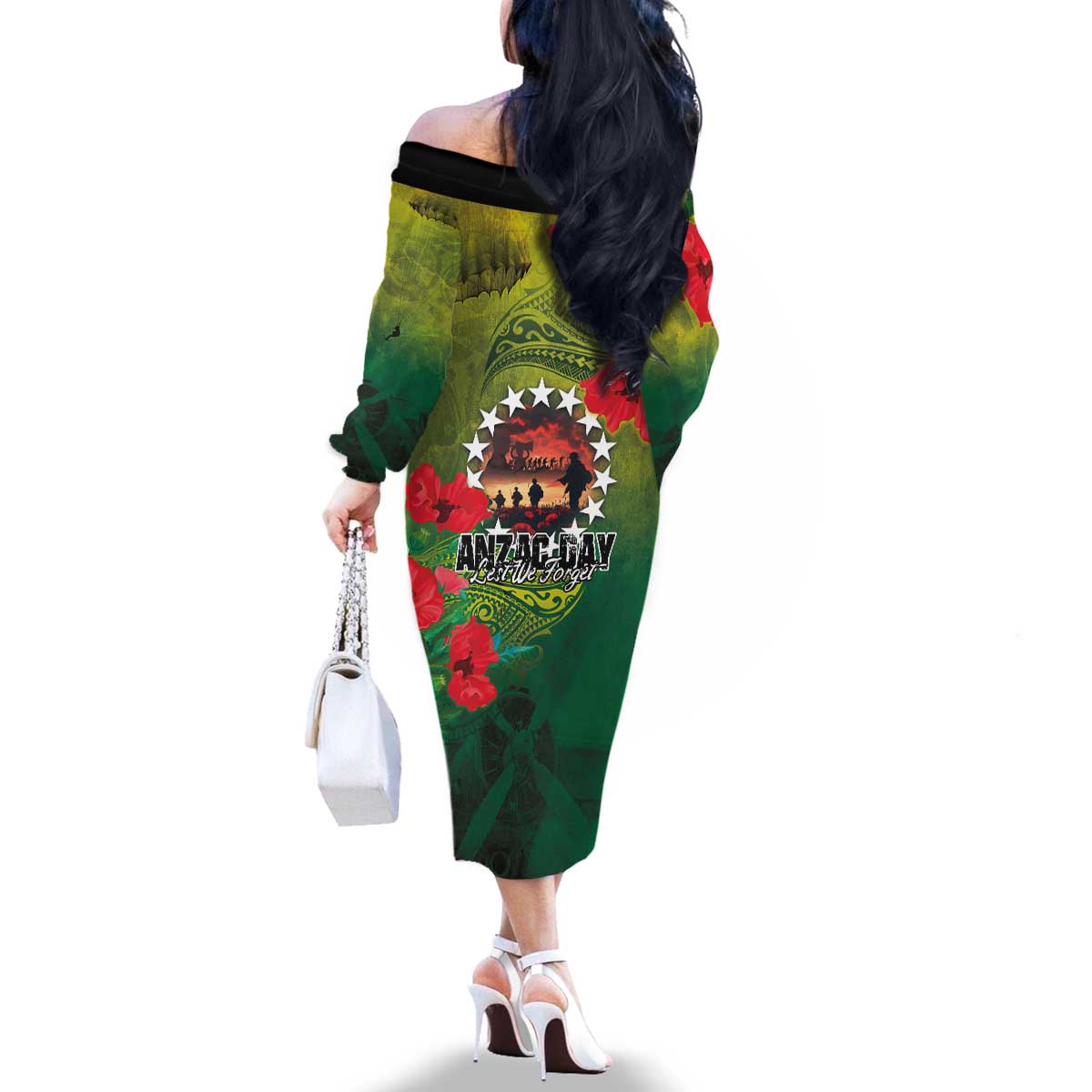 Cook Islands ANDAC Day Family Matching Off The Shoulder Long Sleeve Dress and Hawaiian Shirt Honor and Remember Soliders-Forever in My Thoughts Grunge Style LT03 - Polynesian Pride