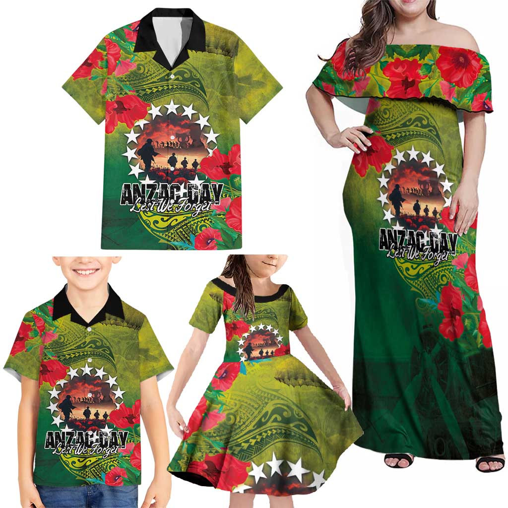Cook Islands ANDAC Day Family Matching Off Shoulder Maxi Dress and Hawaiian Shirt Honor and Remember Soliders-Forever in My Thoughts Grunge Style LT03 - Polynesian Pride