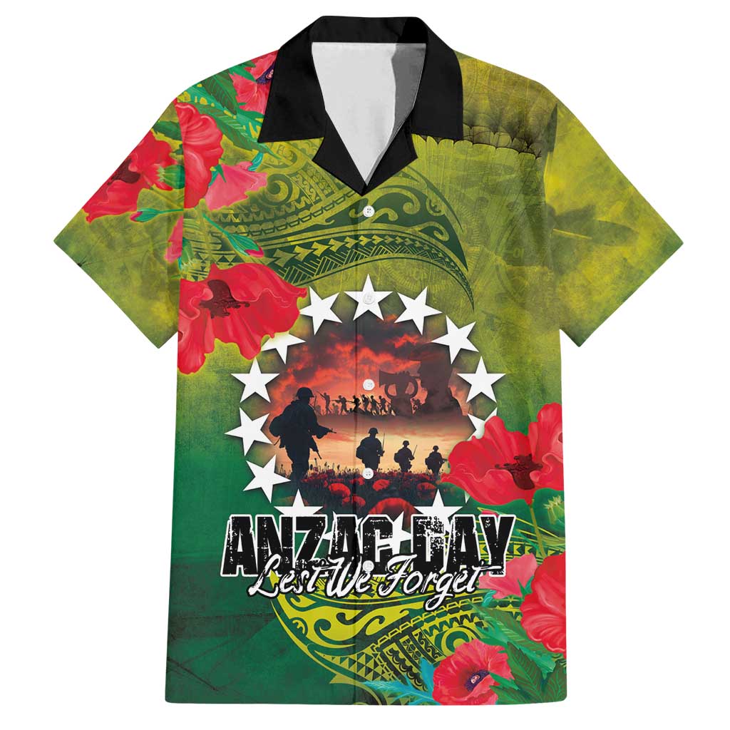 Cook Islands ANDAC Day Family Matching Off Shoulder Maxi Dress and Hawaiian Shirt Honor and Remember Soliders-Forever in My Thoughts Grunge Style LT03 Dad's Shirt - Short Sleeve Green-Yellow - Polynesian Pride