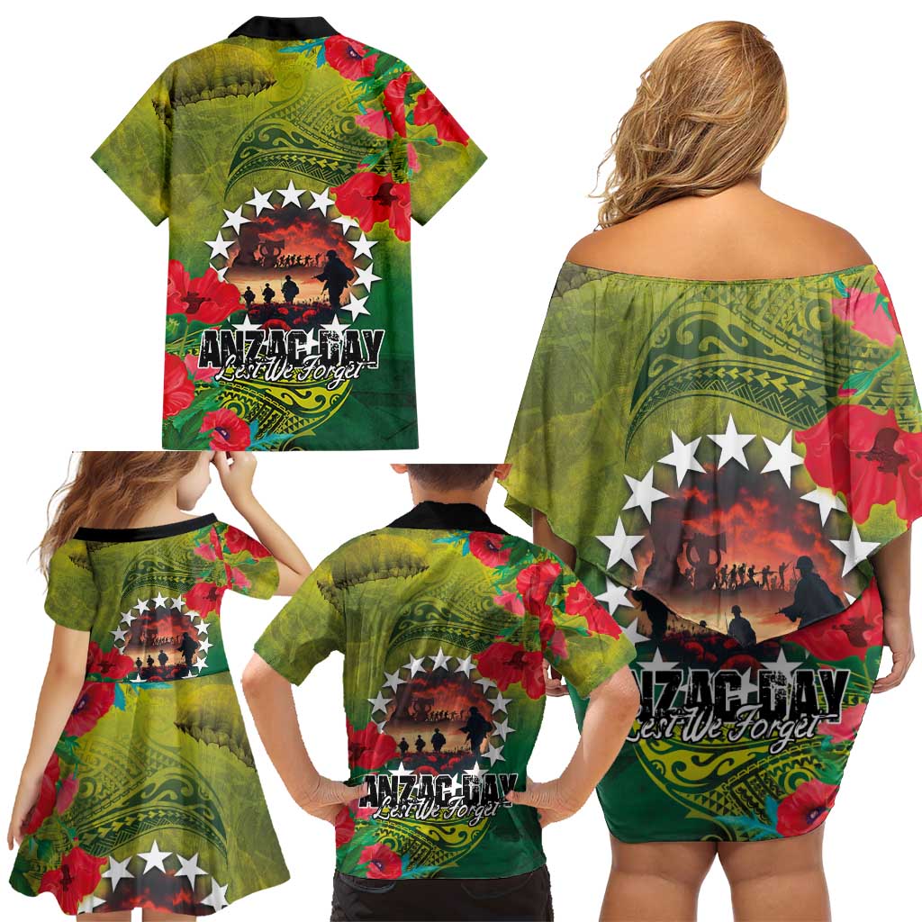 Cook Islands ANDAC Day Family Matching Off Shoulder Short Dress and Hawaiian Shirt Honor and Remember Soliders-Forever in My Thoughts Grunge Style LT03 - Polynesian Pride