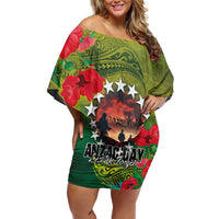 Cook Islands ANDAC Day Family Matching Off Shoulder Short Dress and Hawaiian Shirt Honor and Remember Soliders-Forever in My Thoughts Grunge Style LT03 Mom's Dress Green-Yellow - Polynesian Pride