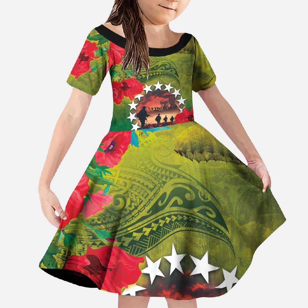 Cook Islands ANDAC Day Family Matching Short Sleeve Bodycon Dress and Hawaiian Shirt Honor and Remember Soliders-Forever in My Thoughts Grunge Style LT03 Daughter's Dress Green-Yellow - Polynesian Pride